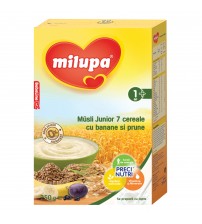 Cereale fara lapte, Milupa Musli Jr 7 cereale cu banane si prune, 250g, 12luni+