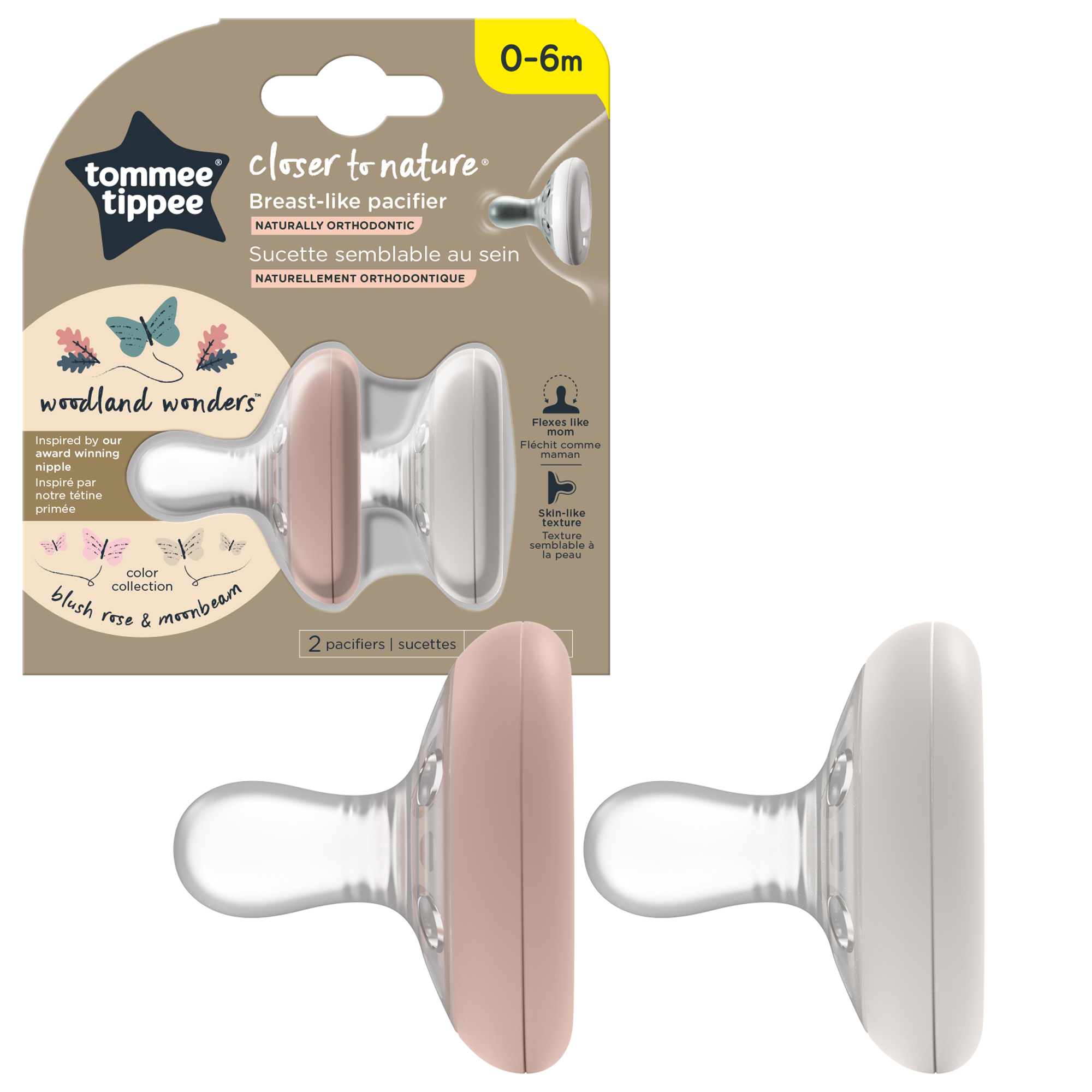 Suzeta Tommee Tippee Closer to Nature, 0-6 luni "Breast like pacifier", Gri/Maro, 2 buc