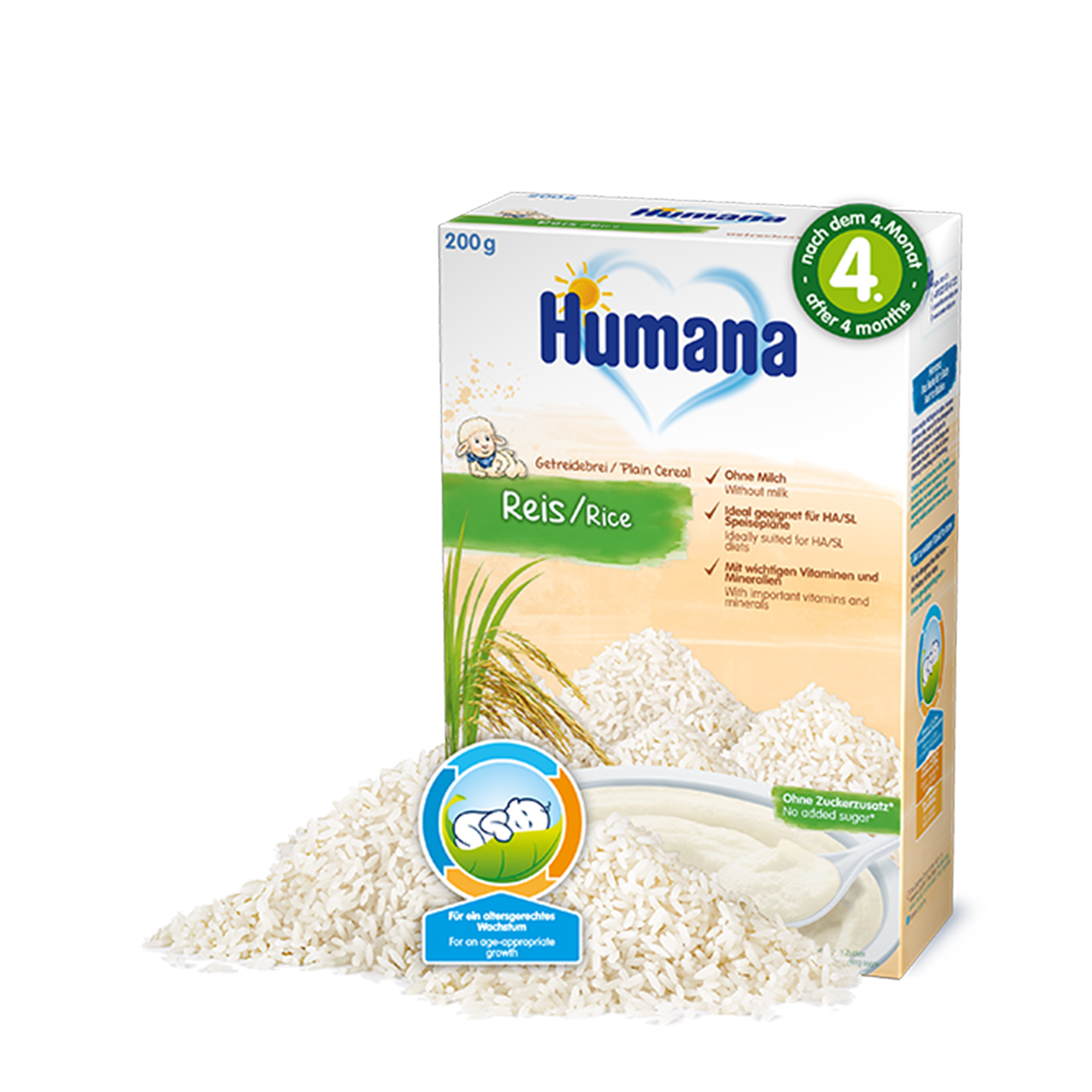 Cereale fara lapte, Humana cu fulgi de orez, 200g, 4 luni+